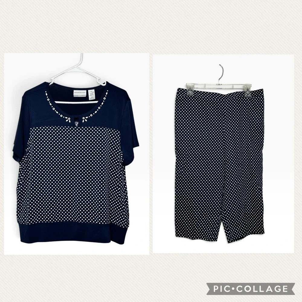 Alfred Dunner Petite Navy Blue Polka Dot 2 Piece Set Top & Capri Pants PL 12P